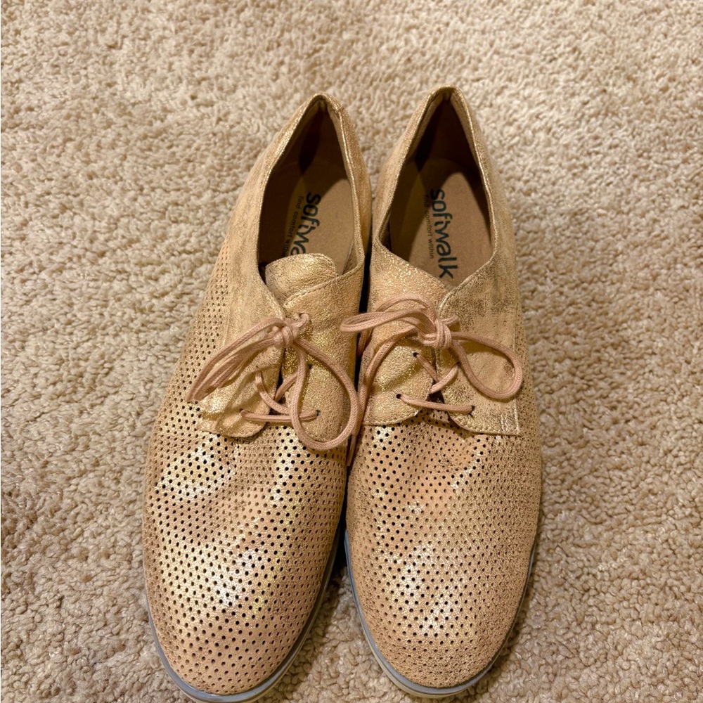 SoftWalk Metallic Rose Gold Perforated Lace-Up Flats